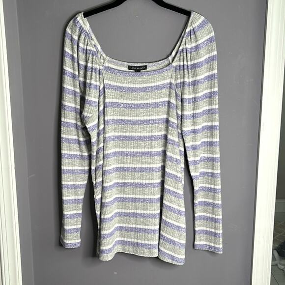 Lane Bryant Gray/Purple Striped Long Sleeve Ribbed Top Square Neck Size 14/16 - Picture 9 of 9